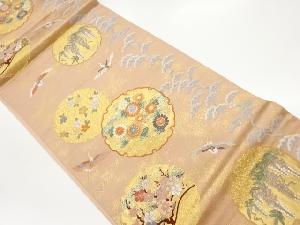 雪輪に花々・鶴模様織出し袋帯